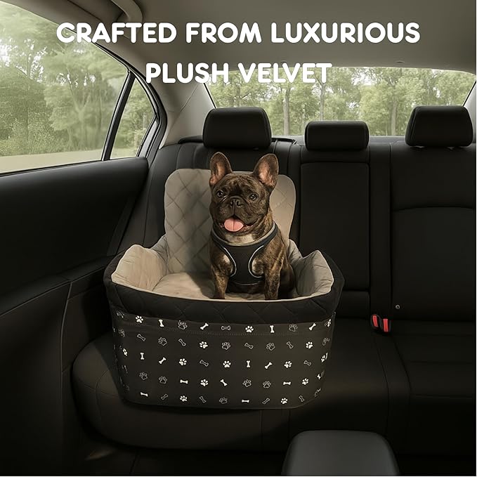 Small Dog Car Seat, Memory Foam Dog Booster Car Seats with Thick Cushion for Medium Dogs Under 35lbs, 3Storage Pockets with Zipper, 2 Safety Belts (Black, Regular)
