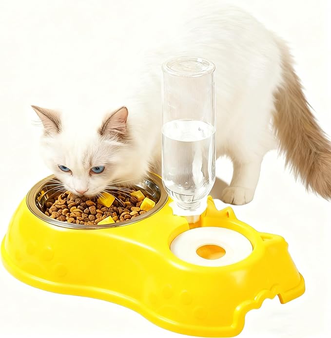 Cat Dog Feeder Bowl with Automatic Drinking Bottle.2-in-1 Stainless Steel Pet Bowl.No-Spill Double Dog Cat Bowls
