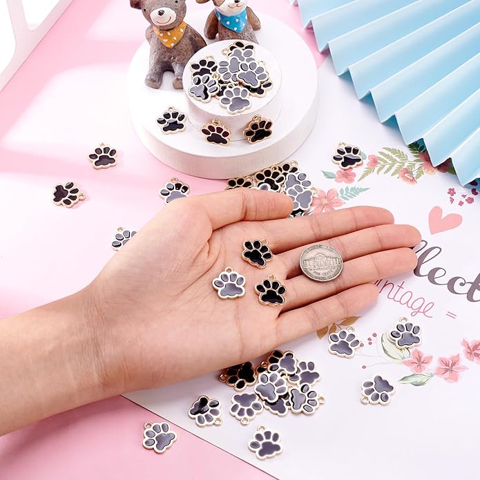 Crafans 100Pcs Enamel Paw Prints Dog Collar Charms Alloy Animal Cat Necklace Charms Puppy Footprint Dog Pendants for Crafts DIY Jewelry Making Supplies 17.5x16mm Black