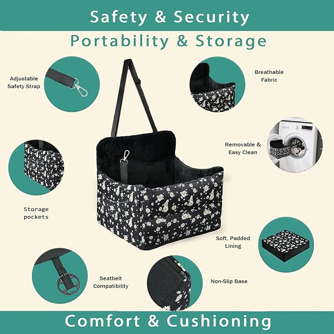 Cullaby Dog Car Seat for Small/Medium Dogs – Elevated Booster Seat with Detachable, Washable Cover, Safety Belts, and Storage Pockets Car Back Seat (Black Daisy, 15.75 * 17.72 * 9.84")