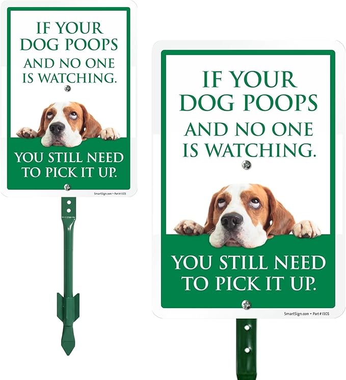 SmartSign Funny Pick Up After Your Dog Yard Sign - 10"x7", 21.5 inch Tall Lawn Sign & Stake Kit, Cute Dog Graphic, 40 mil Laminated Rustproof Aluminum