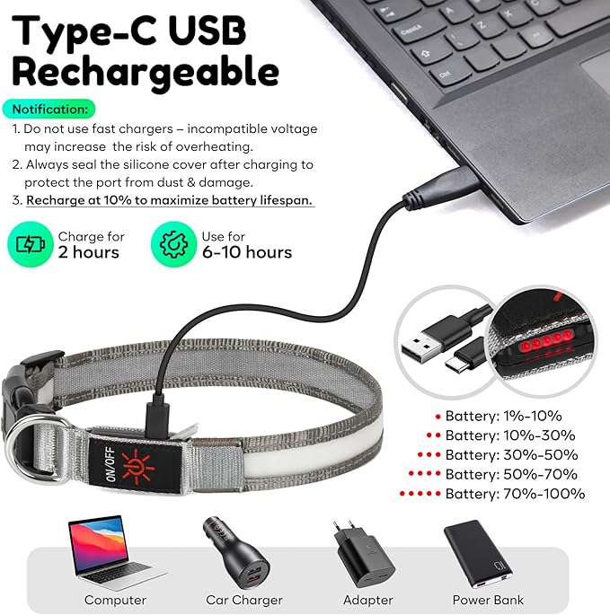Light up Dog Collar - Multi-Color LED Dog Collar, USB-C Rechargable with Battery Indicator, Waterproof and Adjustable Rainbow Collar for Dogs(Medium)