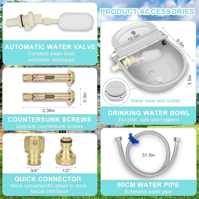 Automatic Animal Drinking Water Bowl,304 Stainless Steel Animal Waterer Kit with Float Valve,for Livestock,Horse,Dog,Goat,Pig,Chicken,2.5L 85 OZ Animals Drinking Water Trough