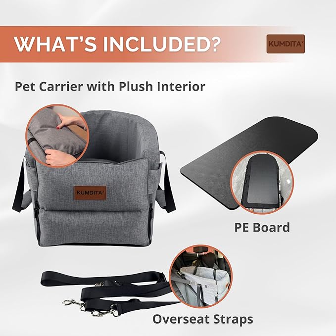 Kumdita' Center Console Car Seat & Carrier for Small Dogs & Cats with Dual Over-Seat Straps, Sewn-in Safety Leash & PE Board Base (Grey)
