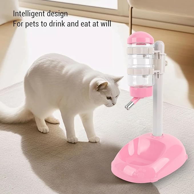 Pet Standing Water Dispenser, Height Adjustable Automatic Water Food Feeder, 500ml Water Bottle Dispenser Standing Feeding Bowl for Cats Puppy Pets (Pink)