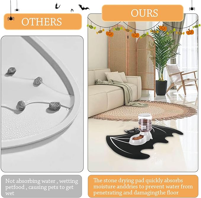 Halloween Pet Mat for Food and Water, Pet Feeding Mat for Dog Cat Bowl Absorbent Anti-Stain Non-Slip Quick Dry Easy Clean Floor Placemat, Pets Accessories Indoor (Bat)