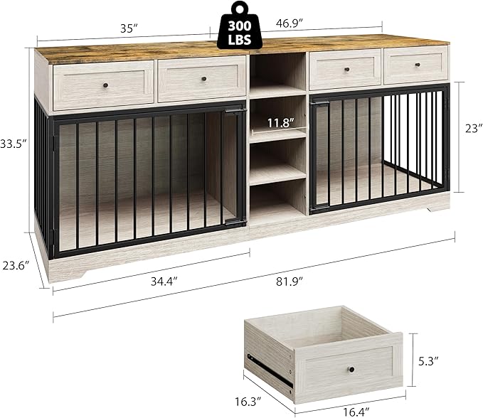 IDEALHOUSE 82" Large Dog Crate for 2 Dogs, Dog Kennel Indoor with 4 Drawers and Shelves, Double Dog Crate Furniture TV Stand, Wooden Dog Cage for Medium Large Dogs, Washed White