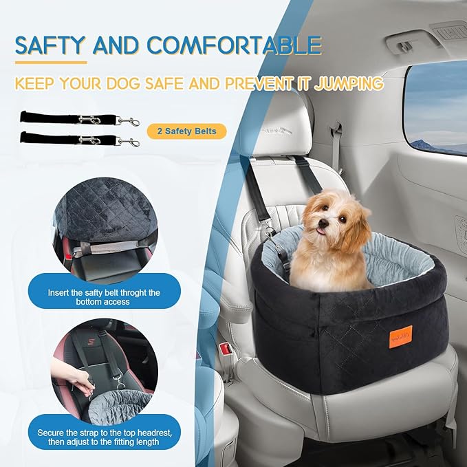 Cozy Dog Car Seat for Small Dogs Up to 30lbs, Elevated Memory Foam Booster Seat, Pet Travel Bed with Washable Removable Cover & Storage Pockets(Black&Gray)