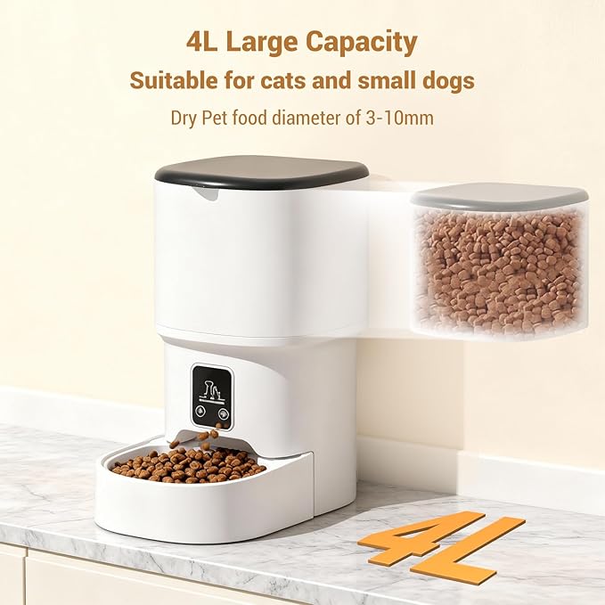 4L Automatic Pet Feeder for Cats & Small Dogs – Programmable Timed Food Dispenser – Portion Control for 1-6 Daily Meals – Dual Power – Stainless Steel Bowl – Dampness-Proof, Easy Clean