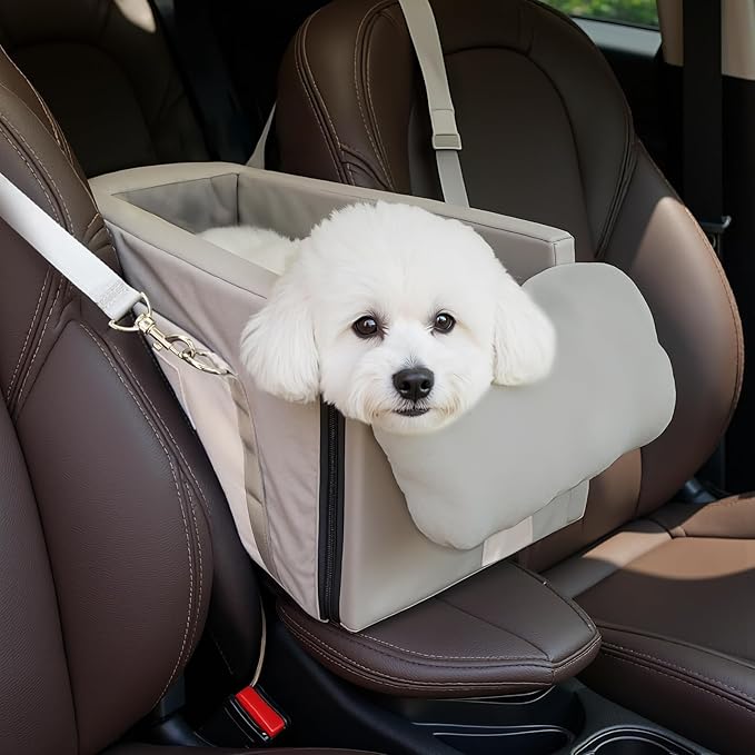 Center Console Dog Car Seat, Dog Car Seats for Small Dogs and Cats with Safety Belt and High Density Sturdy Foam Up to 15Lbs, Leather Grey