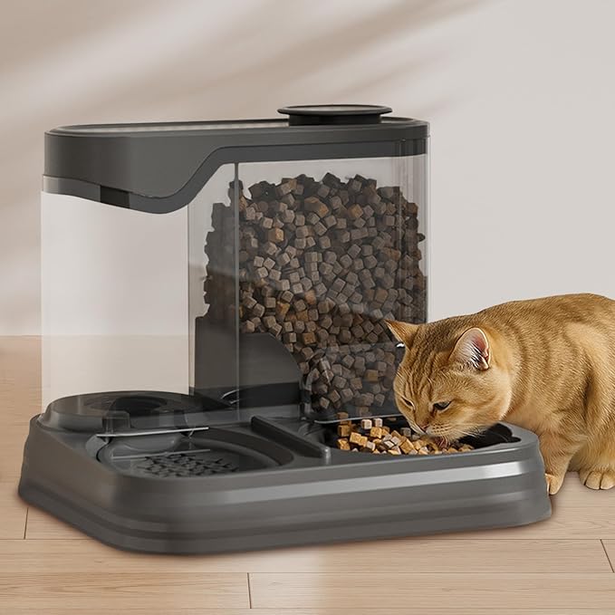 Pet Feeder and Water Dispenser Set, 2 in 1 Cat Food and Water Bowl Set - Large Capacity Automatic Dog Feeder with Water Dispenser for Puppy, Medium Dogs & Cats (Black)