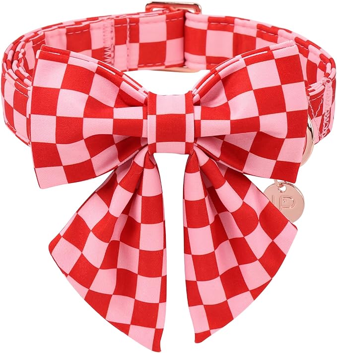 Red and Pink Plaid Dog Collarwith Bow Tie– Adjustable Red & Pink Checkered Dog Collar for Small Medium Large Dogs, Soft Xmas Plaid Puppy Collars with Quick Release Buckle XL