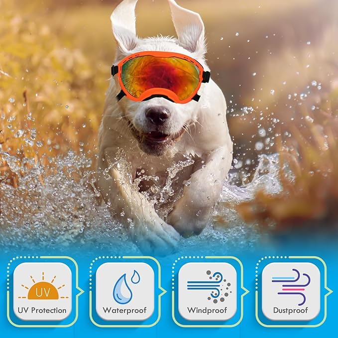 Dog Goggles for Large Dogs, UV Wind Dust Fog Protection, Soft Frame Adjustable Dog Sunglasses, Summer Driving & Winter Snow Eyewear, Tactical Pet Glasses with Elastic Strap (Orange)