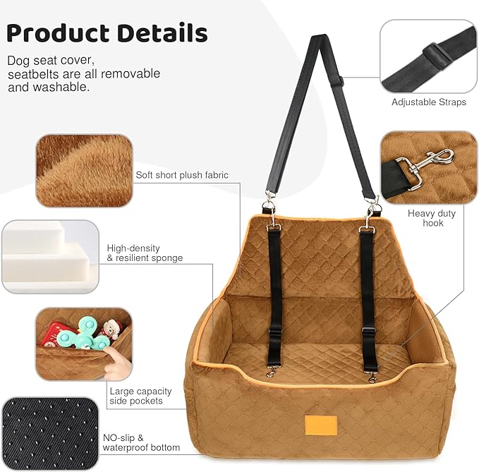 Dog Car Seat for Large/Medium Dogs, Booster Bed Under 55Lbs or 2 Small Dogs, Detachable and Washable Travel Pet Seat with Thick Cushion and Storage Pockets (Brown)