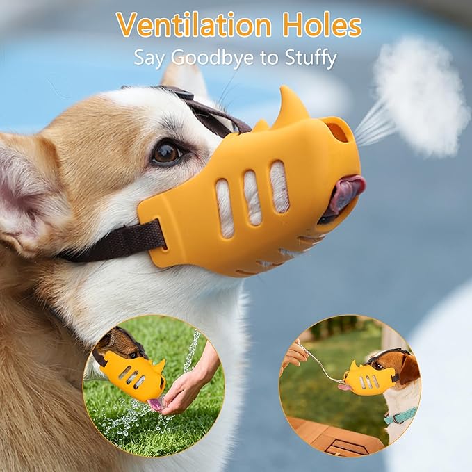 NACOCO Anti Bite Dog Muzzle - Dog Soft Mouth Rhino with Adjustable Strap Covers Breathable Silicone Cage Pet for Biting Chewing Small Medium (Yellow Rhino, L)