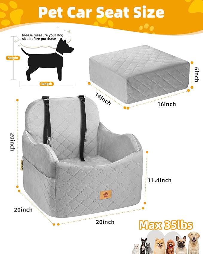 Car Seat Booster for Dog: High-Support Memory Foam Pet Car Seat for Small/Medium Dogs Under 35lbs with Elevated Cushion - Detachable Washable Puppy Travel Bed for Driving with Pockets