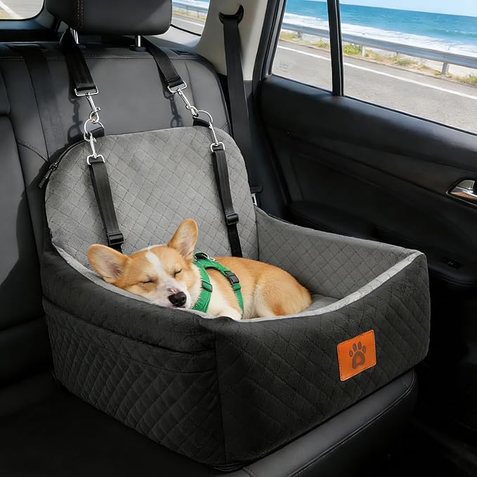 Dog Car Seat for Small/Medium-Sized Under 30 Pounds, Pet Car Seat Travel Bed with 2 Seat Belts and Headrest Seat Belts, Detachable Washable Covers and Side Storage Bags(Grey)