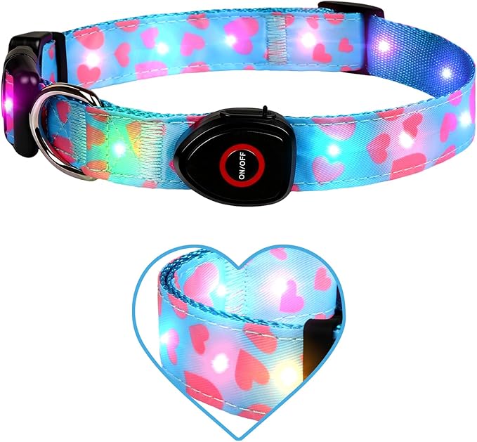 Light Up Dog Collar, LED Dog Collar Glow in The Dark - USBC Rechargeable, 3 Flashing Modes Adjustable Glow Collar, Safety Fashionable Cute Dog Light Up Collars for Medium Large Dogs-Pink Heart Shape