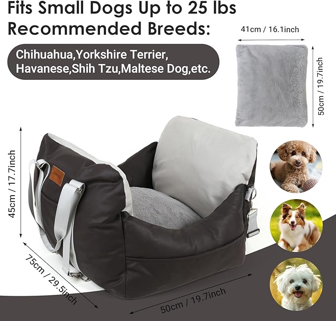 Leath-Aire Dog Car Seat, Scratch Resistant, Waterproof Booster Seat with Storage Pockets and Clip-On Safety Leash, Portable Dog Travel Carrier Bed up to 25lbs (Black/Grey)