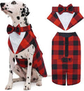 Kuoser Christmas Dog Tuxedo Dog Suit and Bandana Set, Pet Christmas Outfit Adjustable Puppy Xmas Costume with Bow Tie for Large Medium Small Dogs Golden Retriever Samo Bulldogs, Red Plaid XL