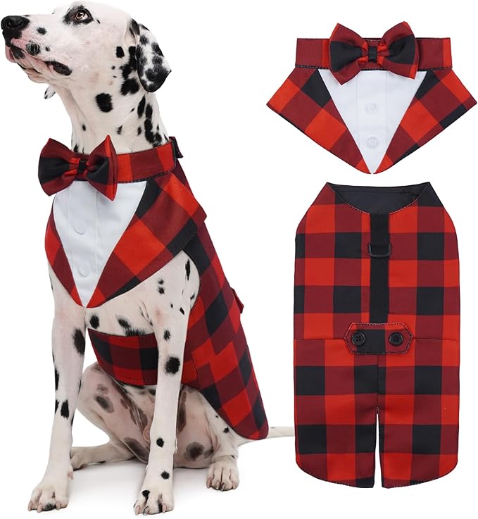 Kuoser Christmas Dog Tuxedo Dog Suit and Bandana Set, Pet Christmas Outfit Adjustable Puppy Xmas Costume with Bow Tie for Large Medium Small Dogs Golden Retriever Samo Bulldogs, Red Plaid XL
