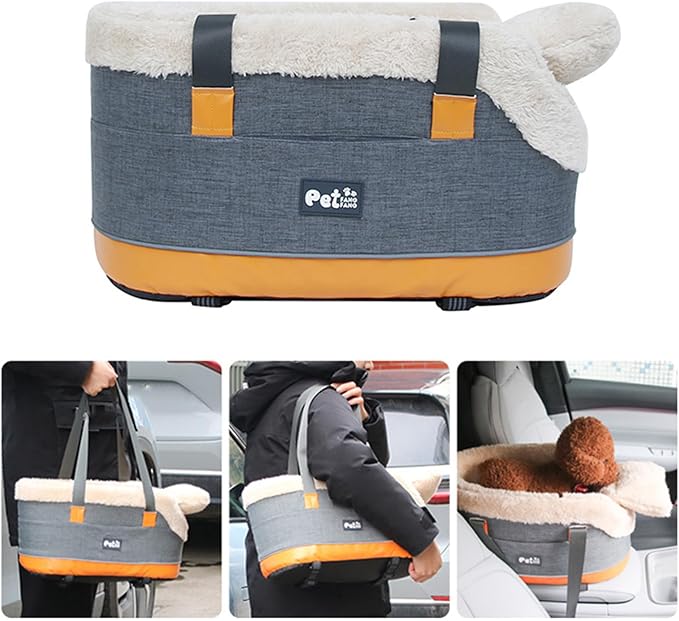 Linen & Velvet Console Dog Car Seat - Adjustable Elastic Straps & Anti-Motion Sickness (5kg Small Dogs, Front/Rear Seat Bed & Poop Bag Pockets)