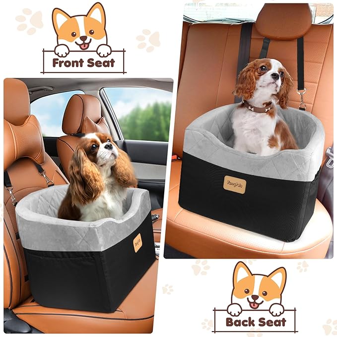 Dog Car Seat for Small/Medium Dogs, Memory Foam Dog Booster Seat with Washable Removable Cover, Storage Pockets and Thick Cushion, Black Part is Waterproof and Abrasion-Resistant