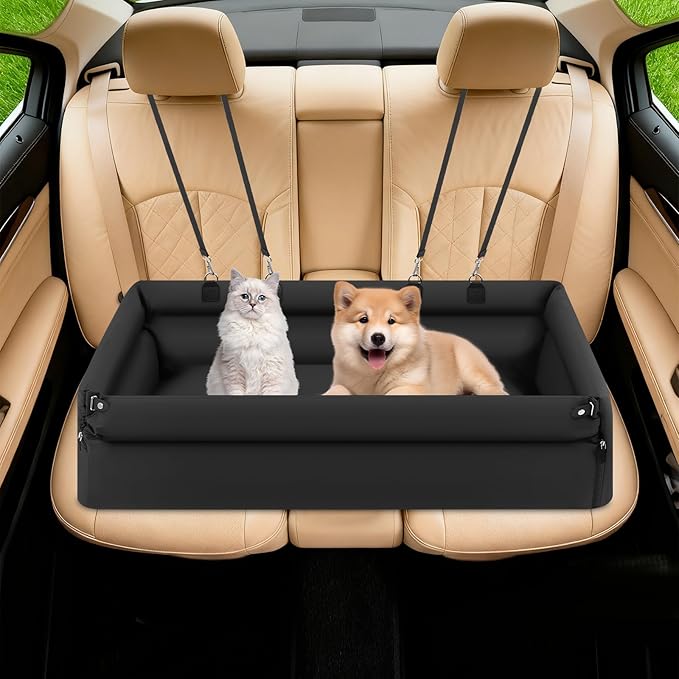 Large Dog Car Seat Soft Fabric Pet Car Bed Portable Pet Booster Carseat with Thick Cushion & 2 Adjustable Straps for Vehicle Back Seat, Travel, Home, Dog and Cat (Black)