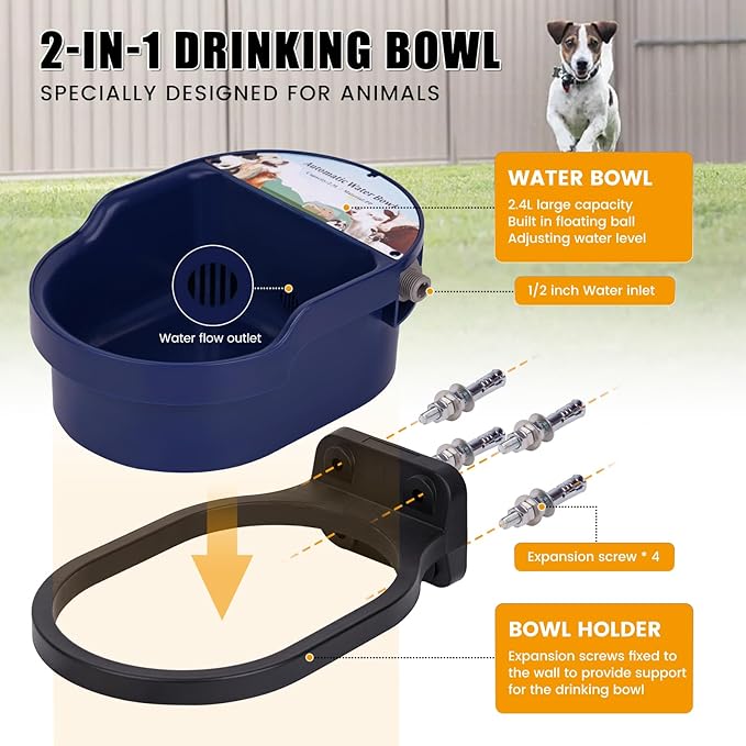 Automatic Dog Water Bowl Dispenser Auto Pet Water Bowl Dispenser for Self Filling Trough Drinking Water Feeder for Poultry Outdoor Large Dog and Livestock (Blue Bowl)