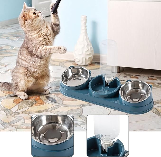 Triple Cat Bowls Pet Feeder with Water Dispenser 15° Tilted Wet and Dry Food Bowl Set for Small Dogs and Cats- Dark Blue
