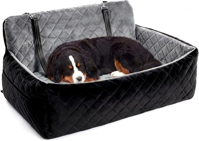 Garvee Extra Large Dog Car Booster Seat with Safety Belt, 3-Side Pet Travel Bed for 2 Medium Dogs, Waterproof & Non-Slip, Foldable Car Seat Cover for Truck SUV Sedan