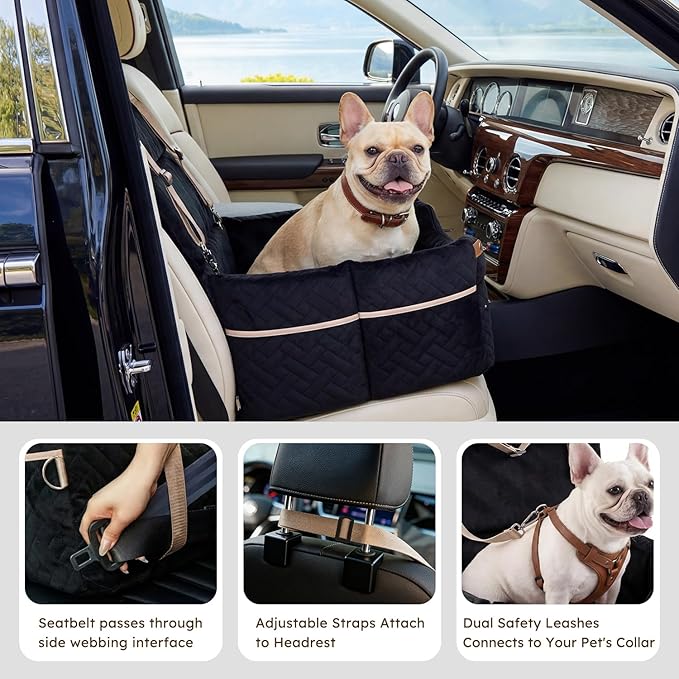 Elevated Dog Car Seat for Medium Dogs, 3 Adjustable Heights with 2 Egg Crate Foam Boosters 4"+2", Dual-Sided Cooling&Plush Waterproof Cover, 2 Safety Leashes & Buckles, Black