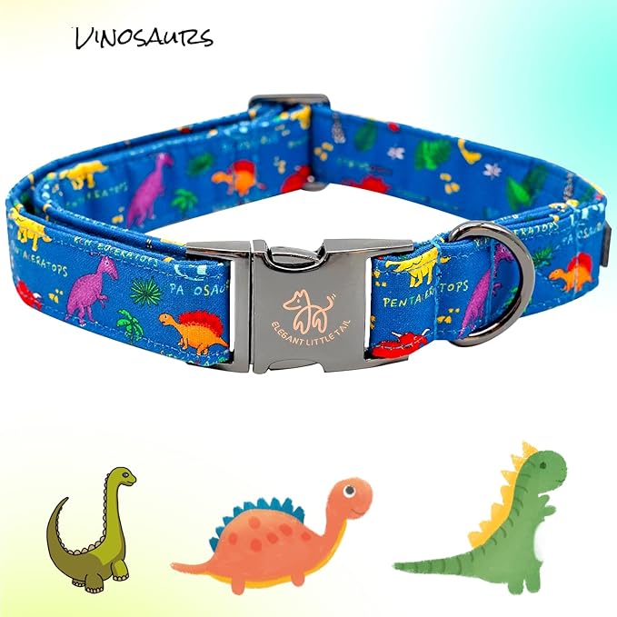 Elegant little tail Dog Collar, Blue Dinosaurs Pattern Pet Collar Durable Cute Dog Collars Male or Female Pet Gift Adjustable Dog Collar for Medium Dogs