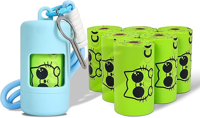 Dog Poop Bags with Dispenser & Holder, Guaranteed Leak Proof, Unscented Extra Thick Heavy Duty Tear-resistant 18-Micron Waste Bag Refill Rolls (SykBlue (105-Bags, 1-Dispenser))