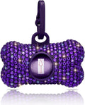 SAVORI Dog Poop Bag Holder Bling Crystal Dog Waste Bags Dispenser for Pet Dog Doggy with Carabiner Clip Includes 1 Roll 15 Bags (Purple)