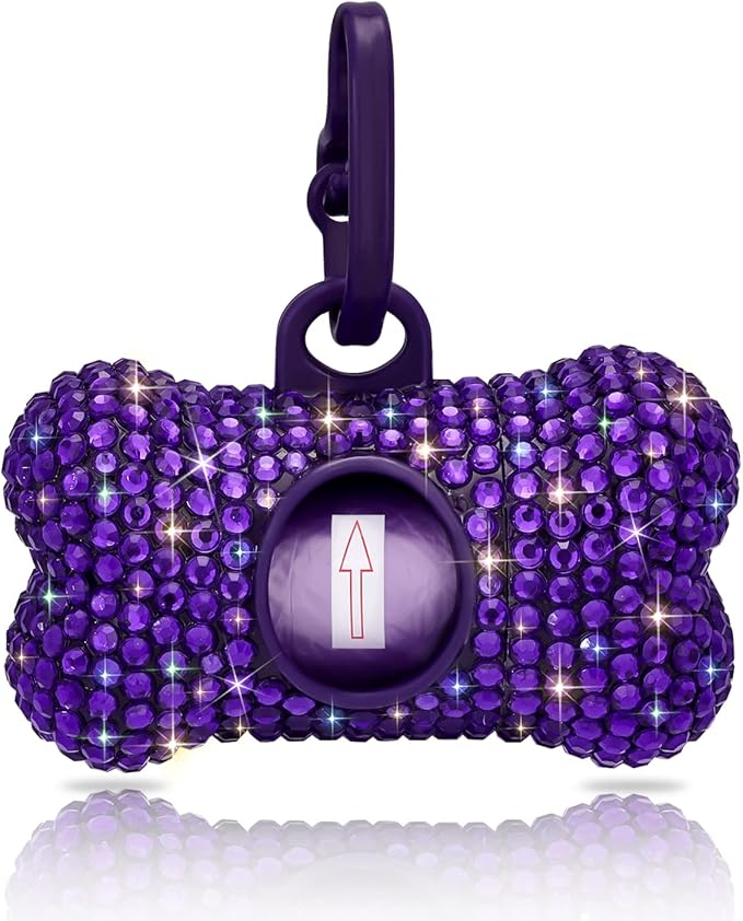 SAVORI Dog Poop Bag Holder Bling Crystal Dog Waste Bags Dispenser for Pet Dog Doggy with Carabiner Clip Includes 1 Roll 15 Bags (Purple)