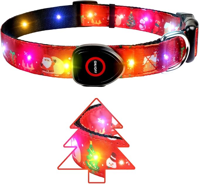 Christmas Light Up Dog Collar, LED Dog Collar Glow in The Dark - USBC Rechargeable, Adorable X-mas Pattern Christmas Collar for Medium to Large Dogs - Comfortable & Cute Xmas Dog Collars, Xmas L