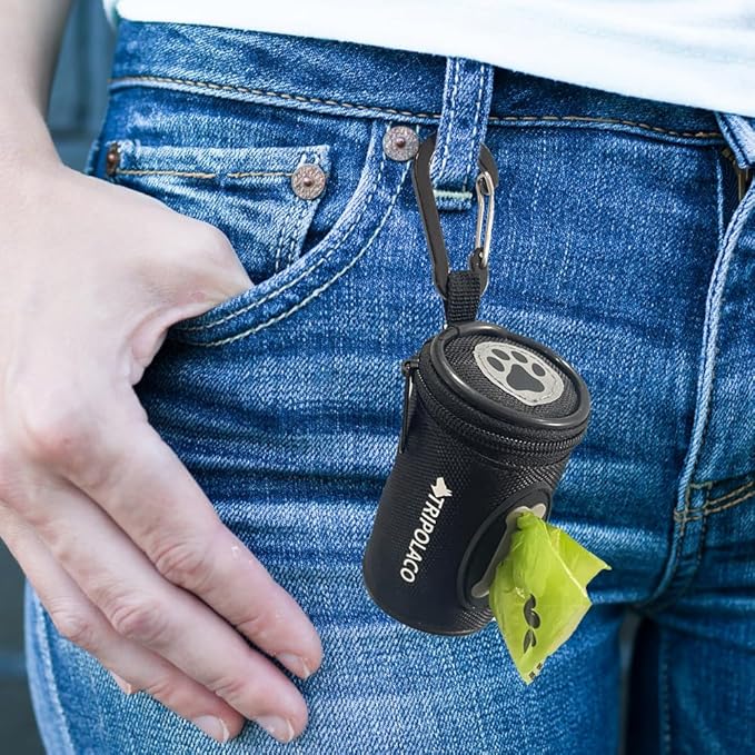 Dog Poop Bag Holder for Leash, Easy Release Doggie Poop Bag Dispenser, Fits Most Standard Poo Bags, Soft Fabric Dog Waste Bag Holder with Carabiner Clip, Compatible with All Leashes, Black