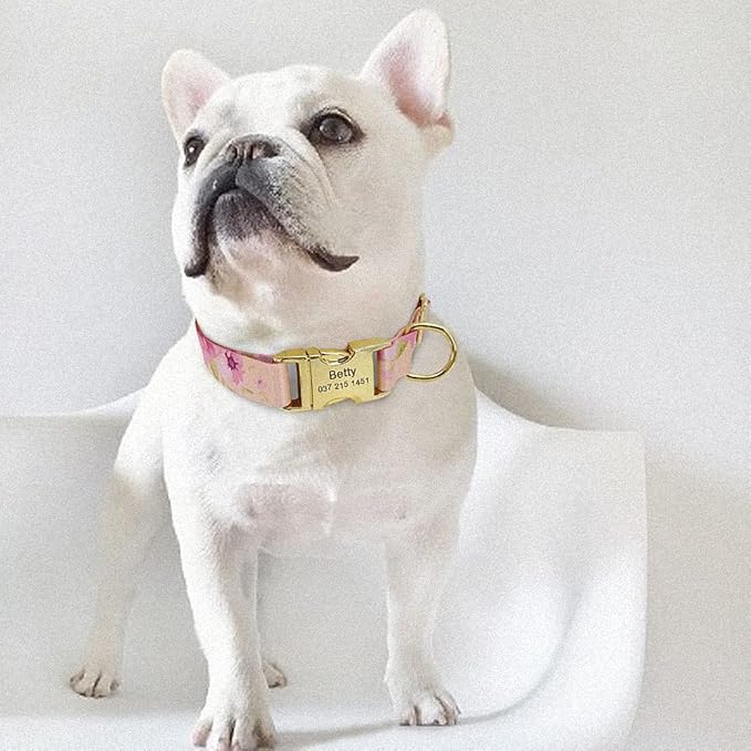 Fashion Custom Dog Collar Personalized Pet Collars Nylon Flower Print Dog ID Collars Engraved Name for Small Medium Large Dog Pink L