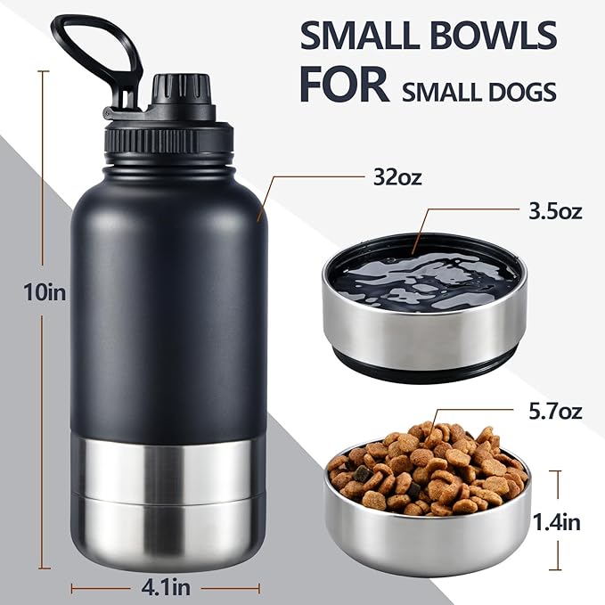 Insulated Dog Water Bottle with 2 Bowls, 32oz Travel Stainless Steel Double Wall Thermos, Portable Pet Dispenser, Gifts for Puppy Small Dogs Walking Hiking and Camping