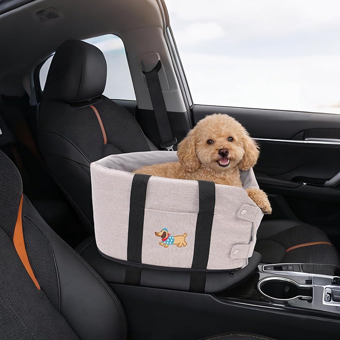 Cozy Center Console Dog Car Seat for Small Dogs - Portable Pet Car Seat with Safety Belt, Soft Cushion & Cooling Mat & Non-Slip Base, Perfect for Pets Under 11 lbs (Beige with Dachshund Pattern)