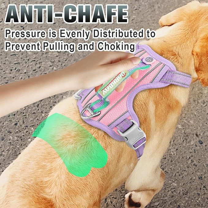 BARKBAY No Pull Dog Harness Large Reflective Dog Harness with Front Clip and Easy Control Handle for Walking Training Running with ID tag Pocket(Baby Pink & Violet Purple,XL)