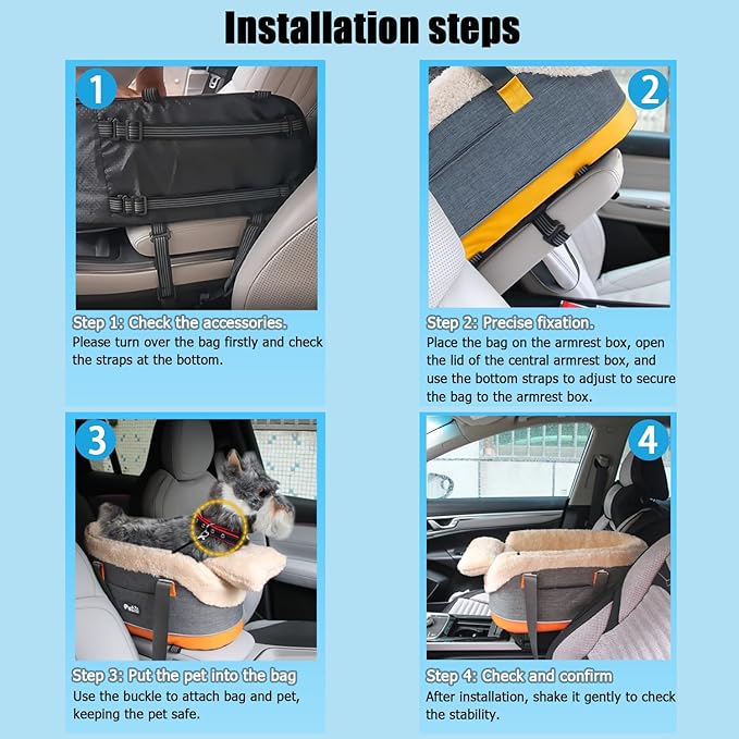 Pet Car Center Console Elevated Armrest Car Seat for Small Puppy, Dogs & Cats (Up to 10 lbs) – Dark Gray Washable Plush Carrier with Safety Leash, Fits Front Vehicle Console Space