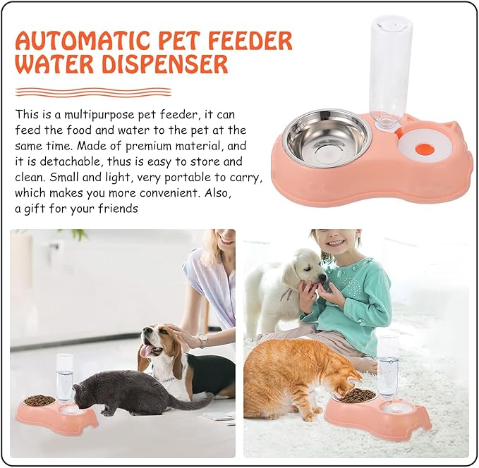 Automatic Pet Food and Water Dispenser Double Bowl Detachable Feeder Pink for Cats and Dogs, Pet Feeding Tool with Water Bottle, Suitable for Home Use