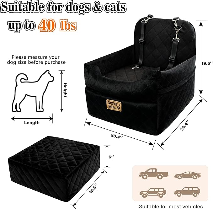 Pet Car Seat for Dogs & Cats - 20.4"×20.4"×19.5" - Supports Up to 35 lbs, Quilted Soft Fabric, Universal Fit for Most Cars/Trucks/SUVs, Secure & Comfortable Travel Cushion (Black)