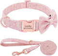 Fashion Personalized Dog Collar Custom Nylon Dog Collars Engraved Name ID Adjustable for Small Medium Large Dog Chihuahua Bownot Set Pink M