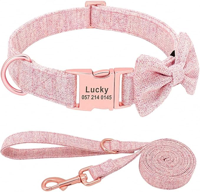 Fashion Personalized Dog Collar Custom Nylon Dog Collars Engraved Name ID Adjustable for Small Medium Large Dog Chihuahua Bownot Set Pink M