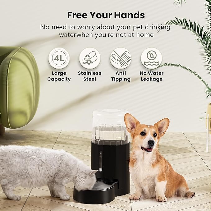 CZPET Automatic 4L/135Oz/1Gal Cat Water Dispenser with Stainless Steel Bowl, Gravity Waterer for Small Medium Dog Puppy Kitten (Black)