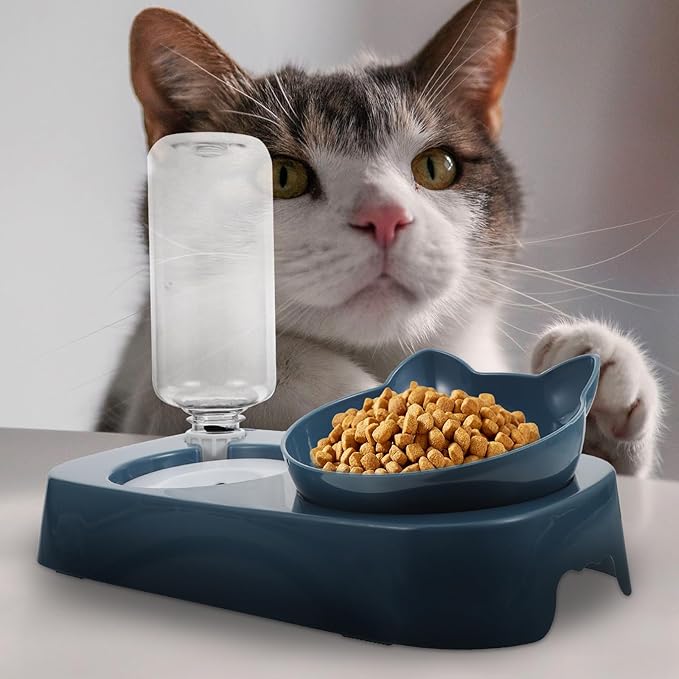 Kisangel Pet Automatic Water Bowl and Cat Food Serving Bowl, Blue Plastic Spill-Proof Raised Feeder for Dogs and Cats, Anti-tip Neck Protection Design, Suitable for Puppies and Adult Pets