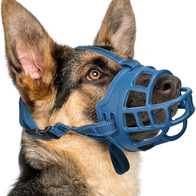 BARKLESS Dog Muzzle, Basket Muzzle for Small Medium Large Dogs, Soft Cage Mouth Cover for Biting Chewing, Allow Drinking Panting for German Shepherd Pitbull Rottweiler (3 (Snout 9½-10¼"), Blue)